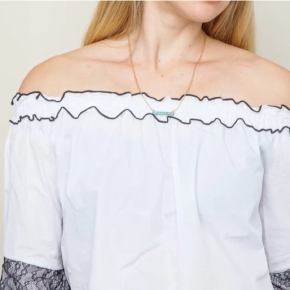 π² ZARA BOHO WHITE BLACK LACE BELL SLEEVE LOOSE FIT OPEN SHOULDER RUFFLE TOP! - Picture 15 of 16